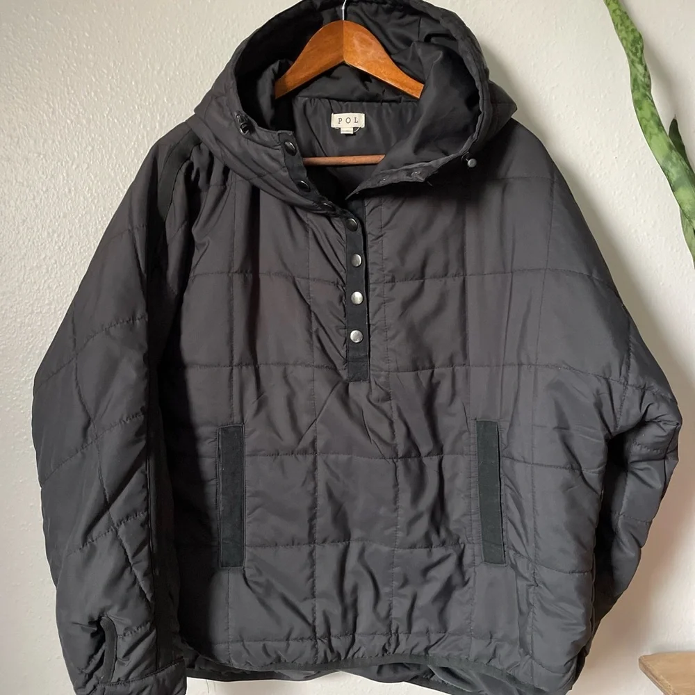 POL Oversized Hooded Quilted Puffer Pullover Small Black - Picture 2 of 7